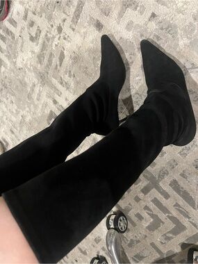 Manolo Blahnik Black Suede Over-the-Knee Pointed-Toe Boots